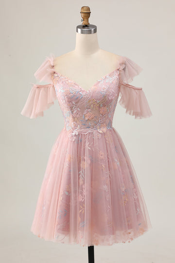 Fard à joues A-ligne Robe courte florale de retour à la maison avec appliques